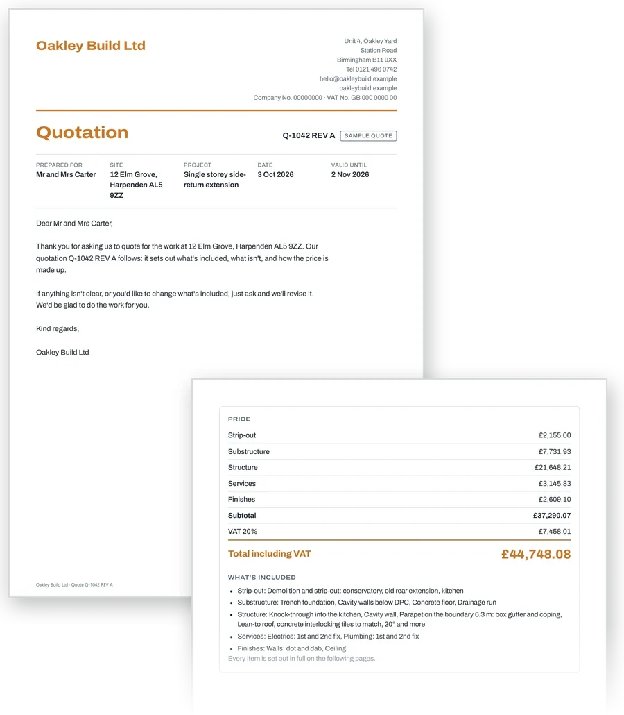 The first two pages of a sample quotation from Oakley Build Ltd: the letter, then the price by section with VAT and what is included.