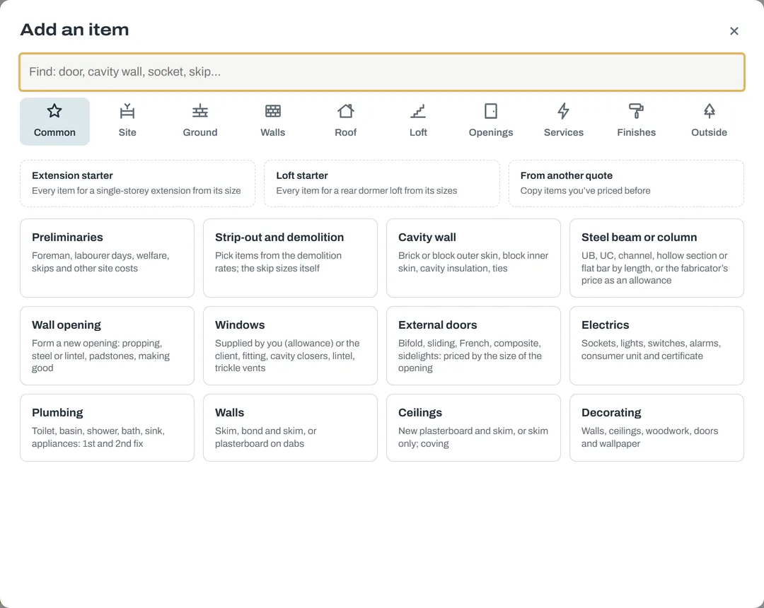 Adding an item: tabs for site, ground, walls, roof, loft, openings, services, finishes and outside, with the extension and loft starters and the common calculators.