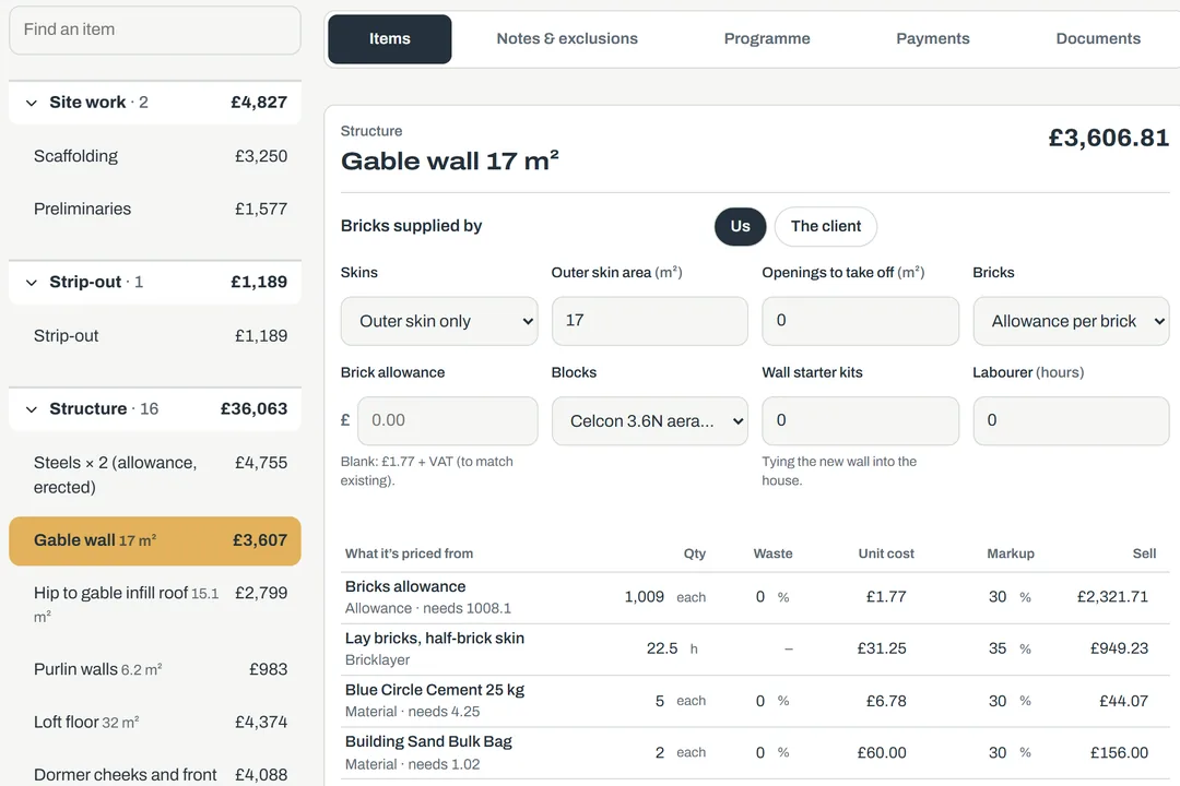 A gable wall open in the quote: who supplies the bricks, the skins, area, bricks and blocks, then the lines it priced with quantities, waste, unit cost, markup and sell.
